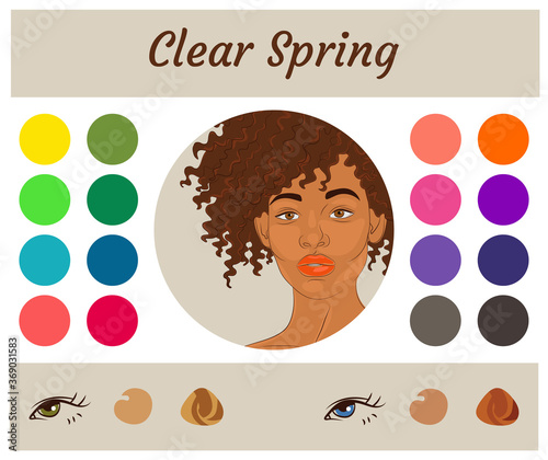 Stock vector seasonal color analysis palette for clear spring. Best colors for clear spring type of female appearance. Face of young african american woman
