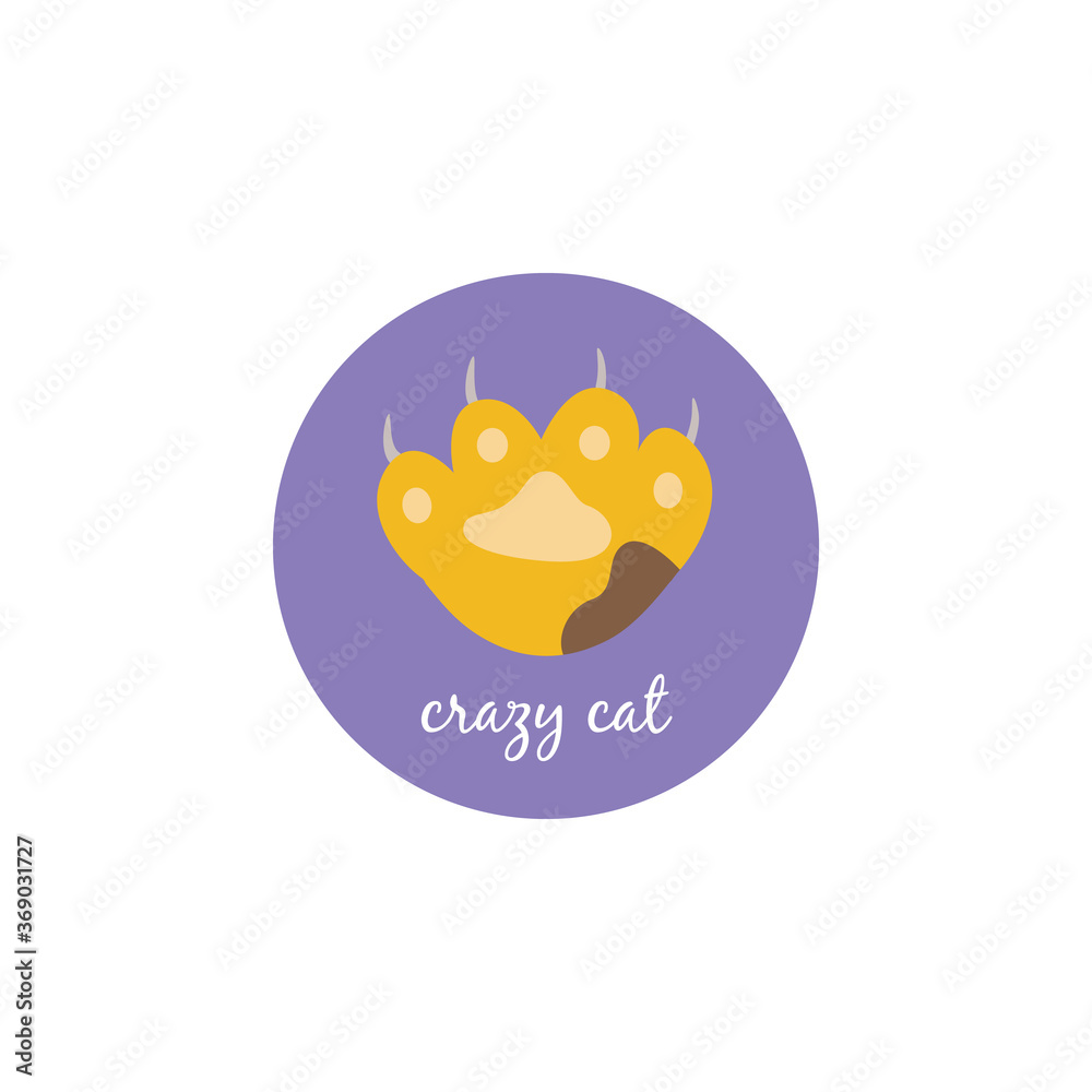 Crazy cat circle sticker with yellow cat paw with brown spot showing sharp claws