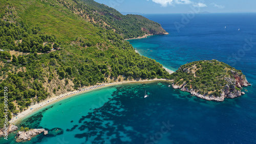 Fototapeta Naklejka Na Ścianę i Meble -  Aerial drone photo of beautiful turquoise sandy beaches of Stafilos and Velanio, Skopleos island, Sporades, Greece 