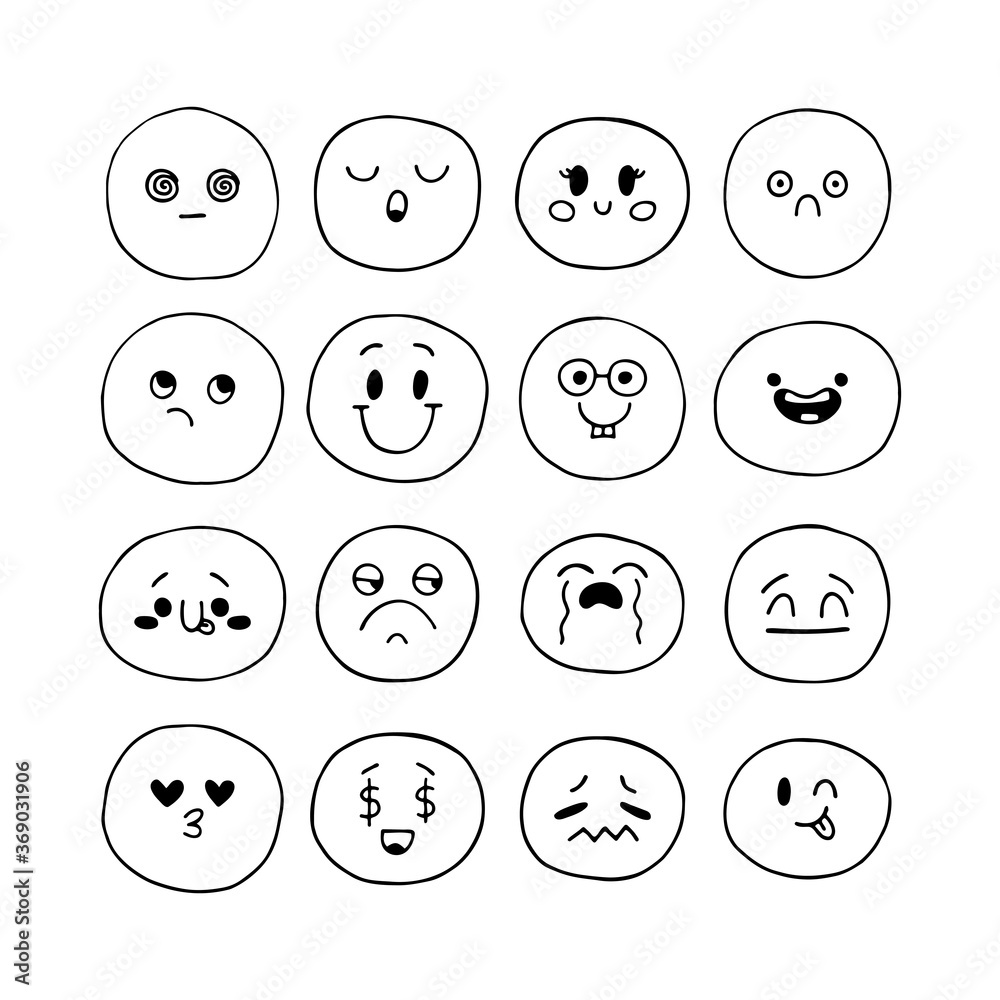 Sketched facial expressions set. Happy hand drawn funny smiley faces. Kawaii style. Collection of cartoon emotional characters. Emoji icons Sketched facial expressions set. Happy hand drawn funny smiley faces. Kawaii style. Collection of cartoon emotional characters. Emoji icons