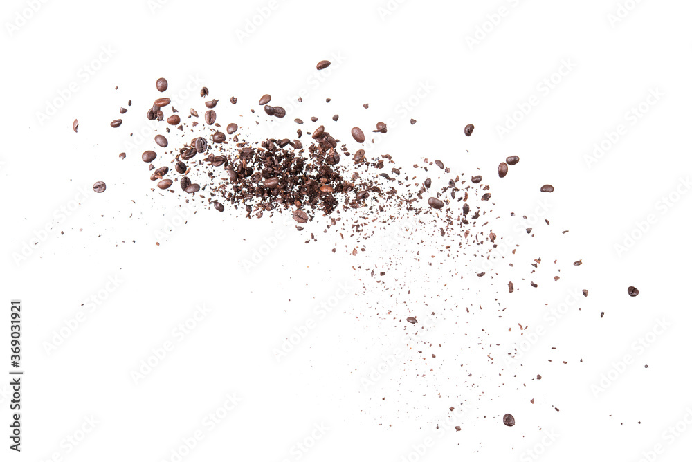 Coffe bean pouring splash in the air isolated on white background stop motion
