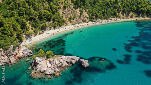 Aerial drone photo of beautiful turquoise sandy beaches of Stafilos and Velanio  Skopleos island  Sporades  Greece 
