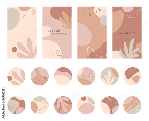 Bundle of editable insta story templates and highlights covers.Vector layouts with hand drawn organic shapes and textures.Abstract backgrounds.Trendy design for social media marketing.Social media kit