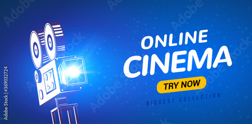 Online cinema poster concept background. Movie film projector old camera flyer digital movie