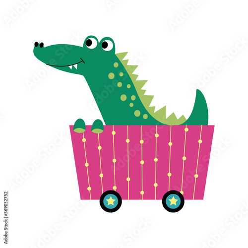 Cute cartoon crocodile riding on train wagon and smiling