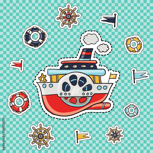 Old steam ship and marine elements: lifebuoy, cartoon helm, captain steering-wheel, ship flags. Hand drawn cute and funny kids toy water ocean transport patches, badges, stickers or pins vector kit.