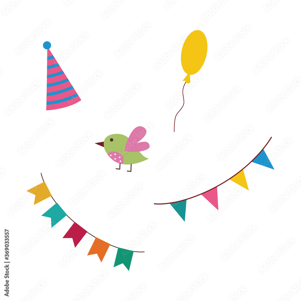 Set of birthday party decoration elements flat vector illustration isolated.