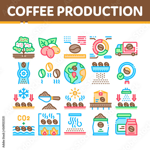 Coffee Production Collection Icons Set Vector. Coffee Production Factory And Conveyor, Roasted Beans And Tree, Truck Delivery And Package Concept Linear Pictograms. Color Contour Illustrations