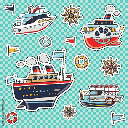 Set of beautiful marine elements: modern yacht, river boat, steam ship, cruise liner and lifebuoy, cartoon helm, flags. Cartoon ocean transport vector patches, stickers, badges and pins kit.