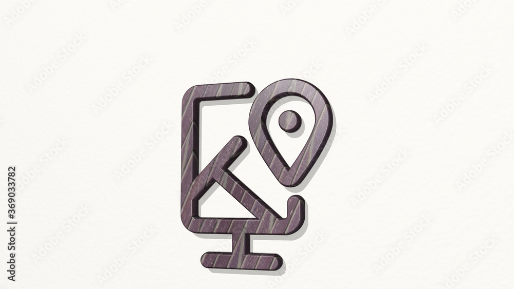 PIN MAP from a perspective on the wall. A thick sculpture made of metallic materials of 3D rendering. illustration and icon PIN MAP from a perspective on the wall. A thick sculpture made of metallic materials of 3D rendering. illustration and icon