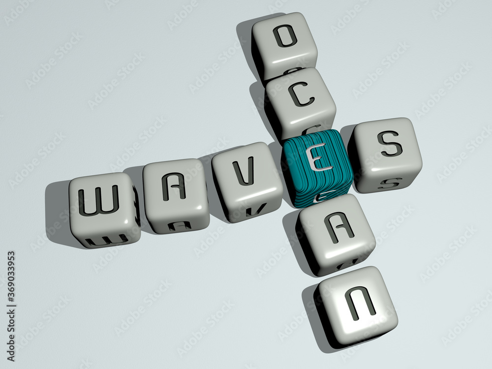 crosswords of WAVES OCEAN arranged by cubic letters on a mirror floor, concept meaning and presentation. background and abstract