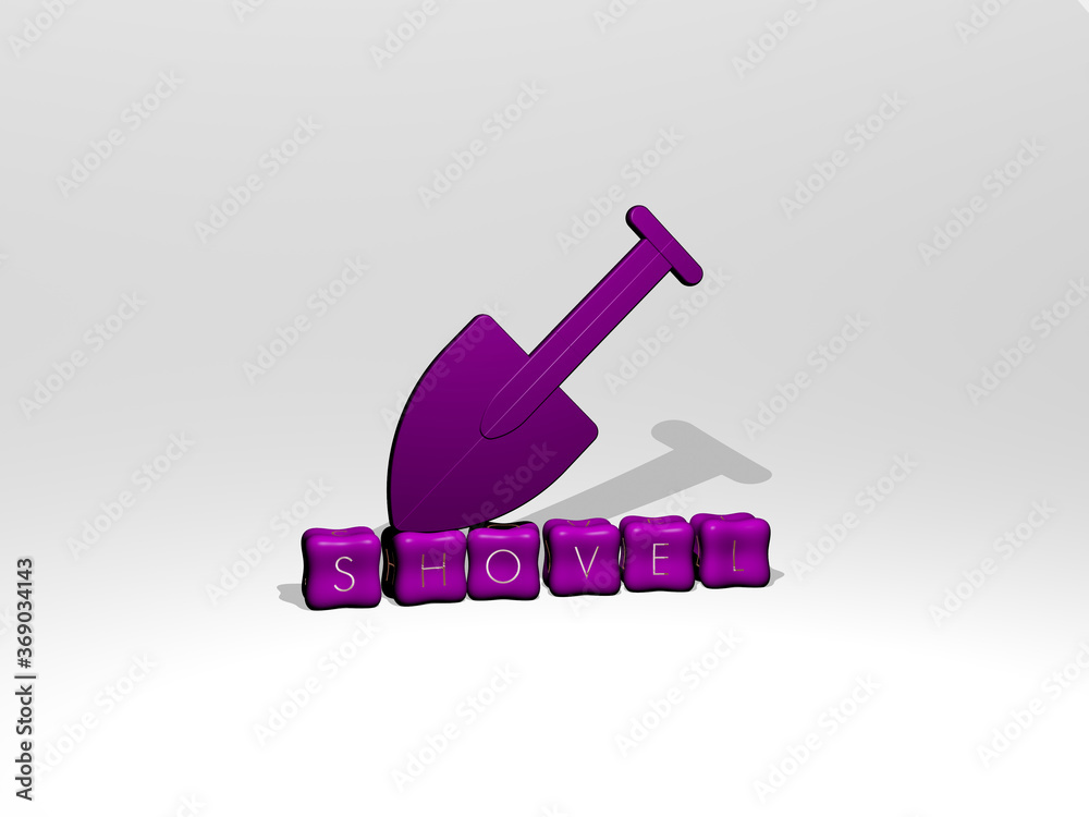 3D illustration of shovel graphics and text made by metallic dice letters for the related meanings of the concept and presentations. background and garden