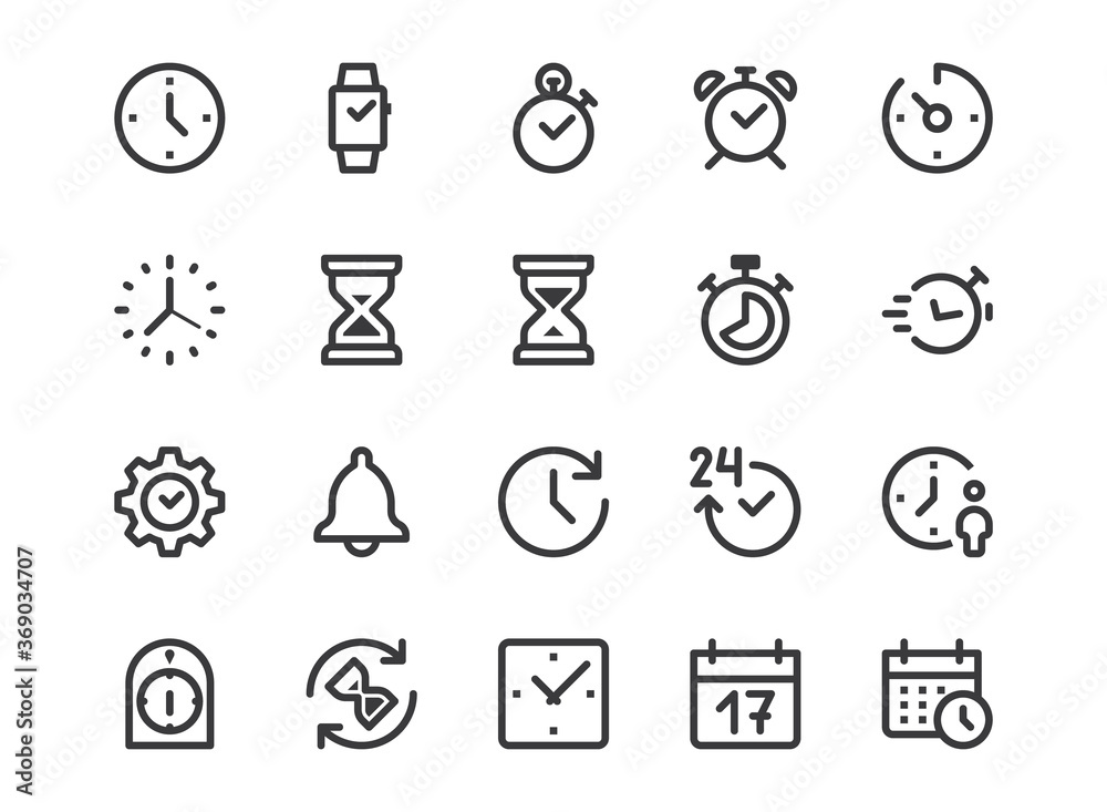 Fototapeta premium Time, Clock Line Icon. Minimal Vector Illustration. Included Simple Outline Icons as Watch, Stopwatch, Timer, Alarm, Calendar, Sand Hourglass. Editable Stroke. Pixel Perfect