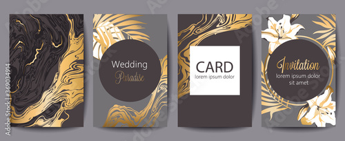 Set of greeting cards with place for text. Wedding paradise. Invitation. Dark...