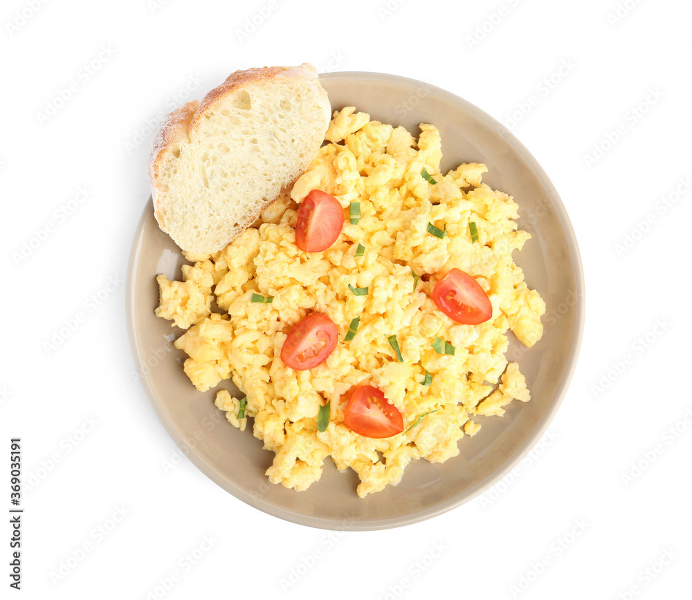 Tasty scrambled eggs with bread and cherry tomato isolated on white, top view Tasty scrambled eggs with bread and cherry tomato isolated on white, top view