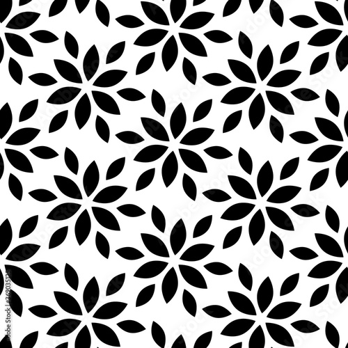 Vector seamless pattern. Abstract geometric background with floral leaf. Black and white silhouette leaves plant. Design with flowers leaves. Wallpaper with flower. Simple foliage for prints fabric