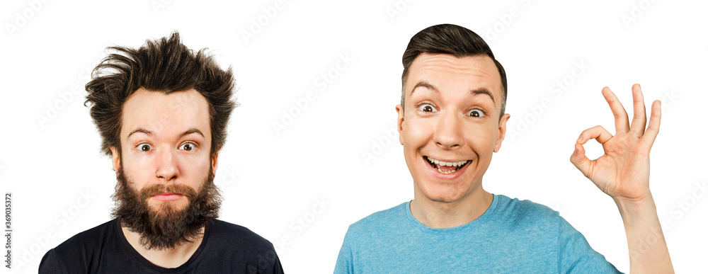 Φωτογραφία Shaggy bearded young man with long hair before and after haircut in barbershop