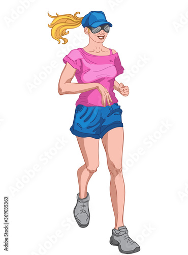 Young joyful blonde woman dressed in blue cap and shorts, pink t-shirt, sungl...