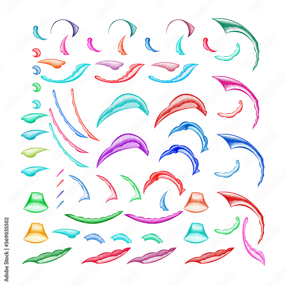 Floral decorative elements 65 set hand drawn with color markers isolated on a white background.