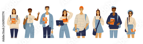 International group of students with laptop, books, backpacks. Fashionable college youth. A group of girls and guys are studying. Flat vector illustration.