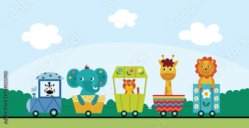 Summer landscape with funny animals riding railway, flat vector illustration.
