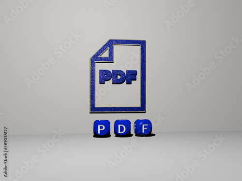 3D representation of pdf with icon on the wall and text arranged by metallic cubic letters on a mirror floor for concept meaning and slideshow presentation. illustration and file