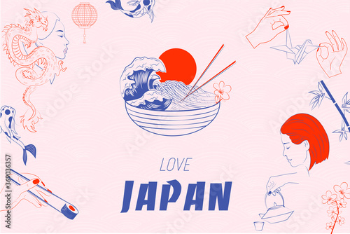 Love Japan illustration with food, koi fish, sushi and woman portrait. Minimalistic objects made in the style of one line. Editable vector illustration.