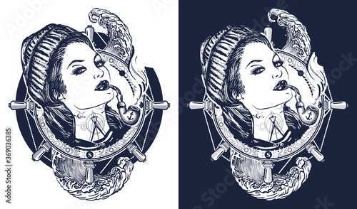 Woman sailor tattoo and t-shirt design. Pin-up style. Girl in the seaman's suit. Sea adventure art. Black and white vector graphics