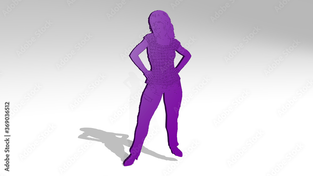 WOMAN STANDING on the wall. 3D illustration of metallic sculpture over a white background with mild texture. beautiful and young WOMAN STANDING on the wall. 3D illustration of metallic sculpture over a white background with mild texture. beautiful and young