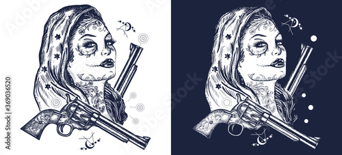 Chicano woman. Santa muerte girl. Sugar Skull. Mexican criminal tattoo art and t-shirt design. Black and white vector graphics