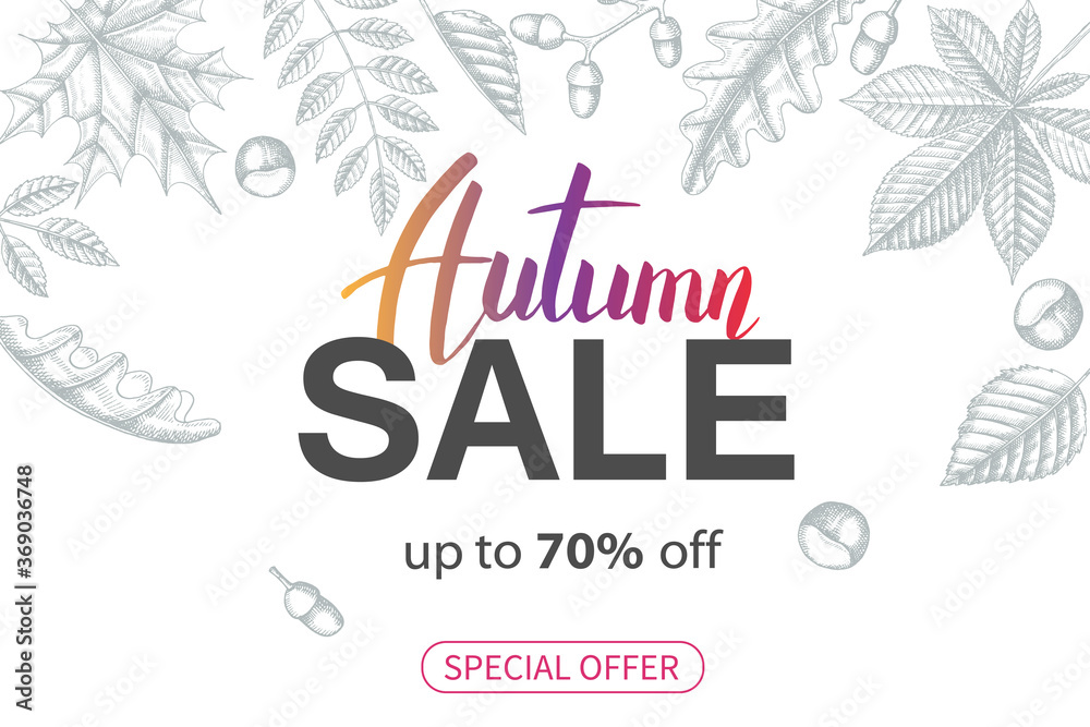 Vector Sale Autumn poster. Lettering. Sketch. Hand drawn doodle leaves maple, birch, chestnut, acorn, ash tree, oak. Engraving illustration.Special Offer, up to 70% off. Advertising