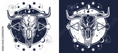 Bison skull tattoo. Shamanism. Soul of prairies against background of the Universe t-shirt design. Wild West and western art. Black and white vector graphics