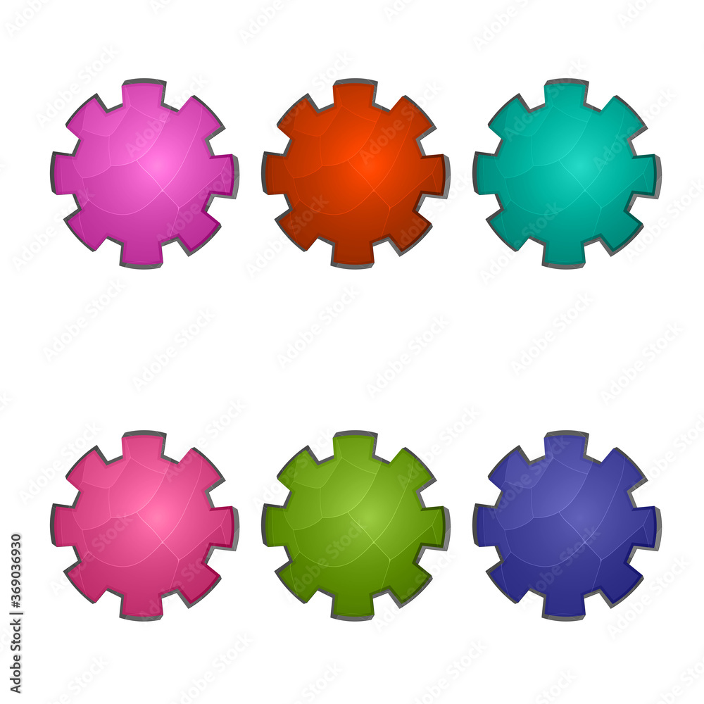Gaming elements isolated on white background. Design for computer game. Symbols and icons. Collection buttons play for games and app. Different colors cogwheel button. Cartoon interface. Gaming elements isolated on white background. Design for computer game. Symbols and icons. Collection buttons play for games and app. Different colors cogwheel button. Cartoon interface.