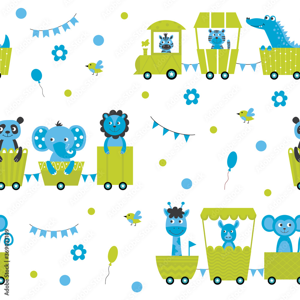 Φωτογραφία Cartoon animals riding toy locomotive train - seamless pattern