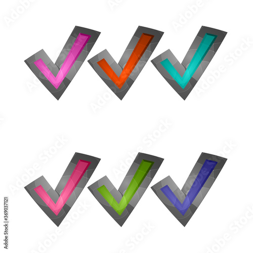 Gaming elements isolated on white background. Design for computer game. Symbols YES and icons. Collection buttons play for games and app. Different colors button. Checkmark OK. Cartoon interface.