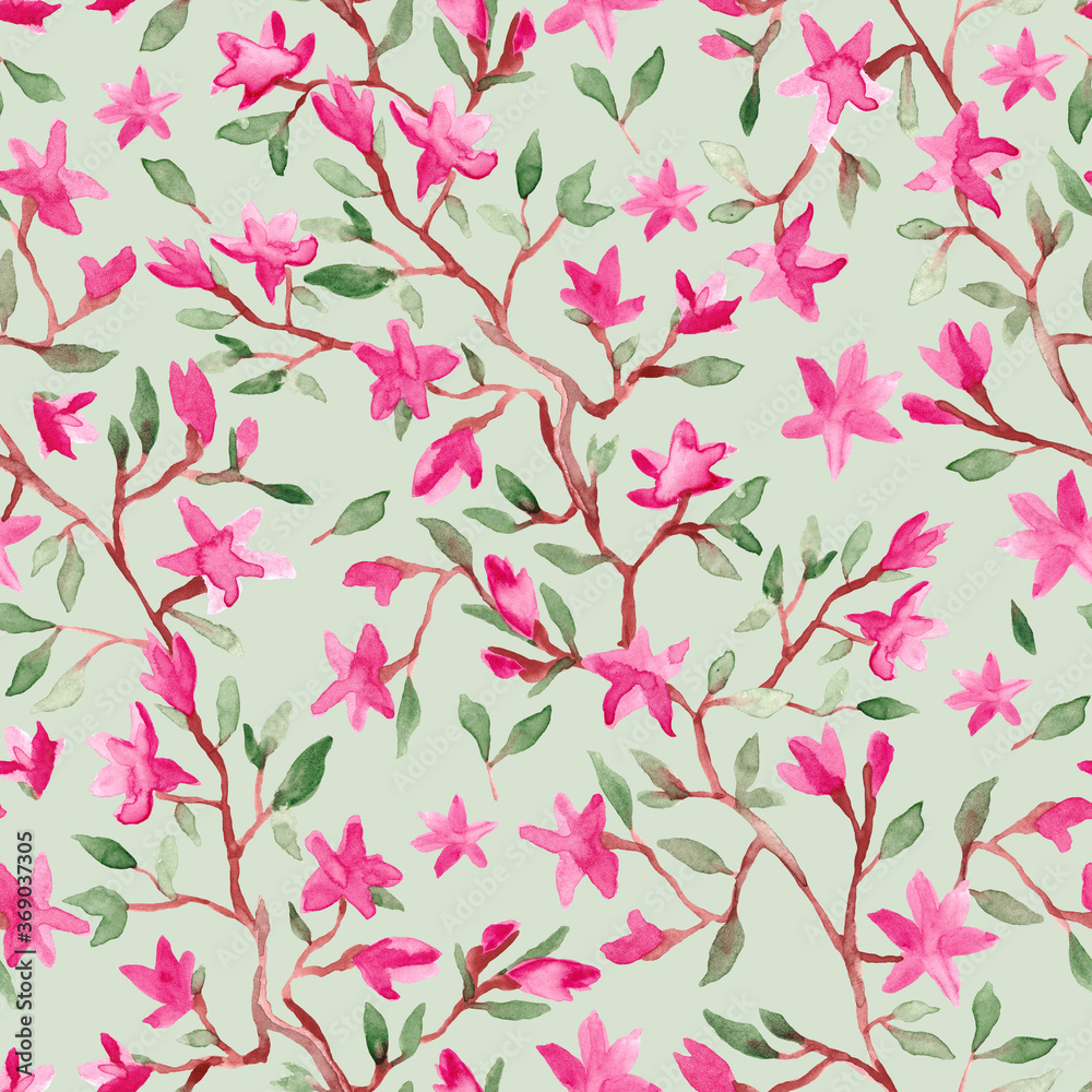 Pink flowers branch watercolor painting - hand drawn seamless pattern on light green