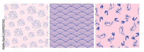 Set of Seamless pattern with Japanese objects: koi fish, sakura flower, geometric ornaments. Editable Vector Illustration.