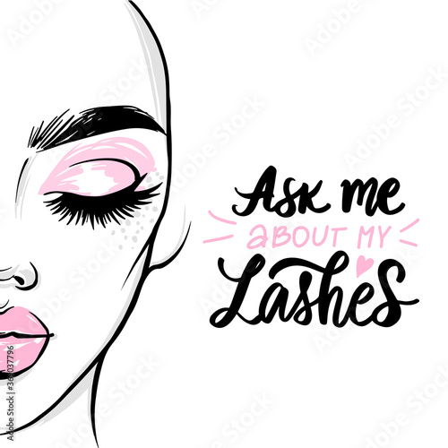 Vector fashion card with lashes quote and woman portrait with plump lips, black brows and pink makeup