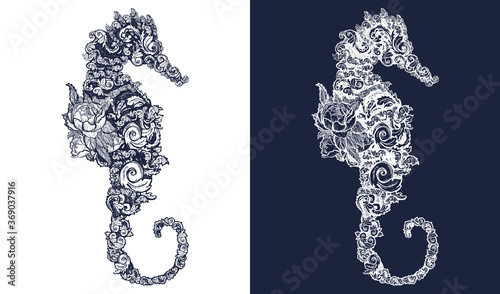 Sea horse and flowers tattoo and t-shirt design Symbol of travel, freedom, navigation. Black and white vector graphics