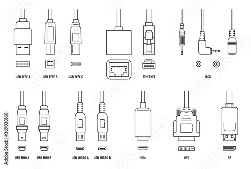 USB, HDMI, ethernet and other cable and port icon set with plugs photo