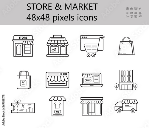 Store, shop icon vector set. Mini-market, shopping symbol in outline style. Online sale, customize and buy sign for website. Grocery, storage, delivery. Retail, shipping icon.