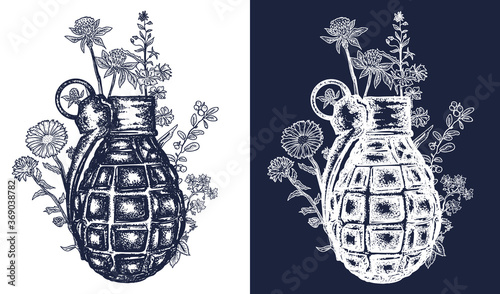 Grenade tattoo and t-shirt design. Symbol of weapon, war and peace, good and evil. Black and white vector graphics