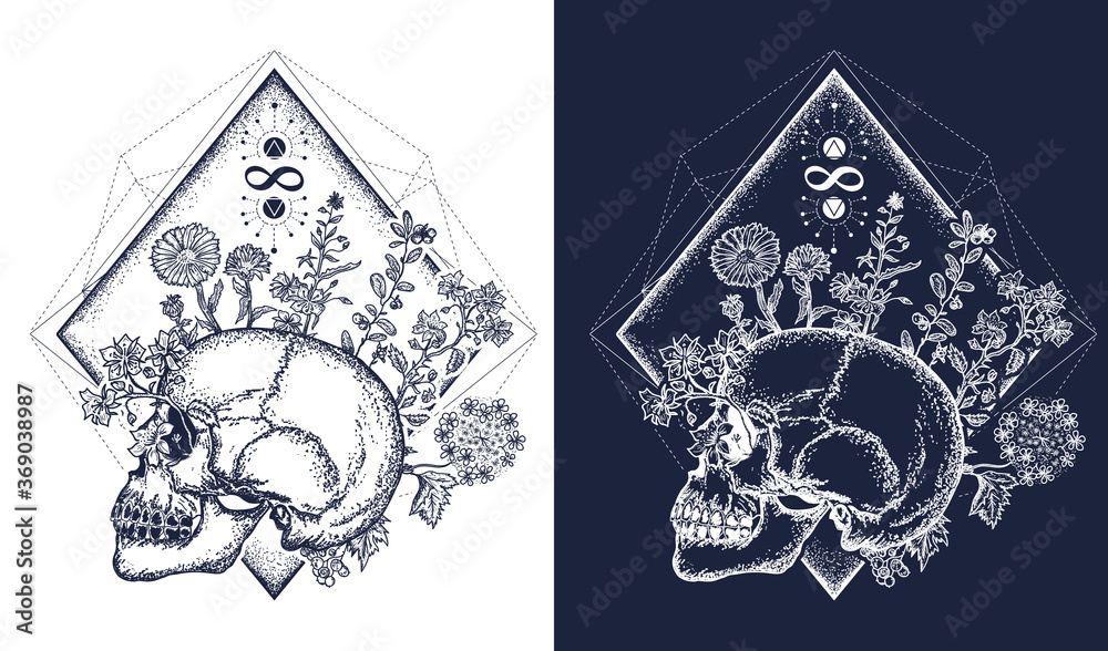 Αυτοκόλλητο Human skull through which flowers, tattoo art, symbol of life and death, sign of infinity and immortality