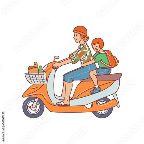 Woman and child characters riding moped or motorcycle vector illustration.