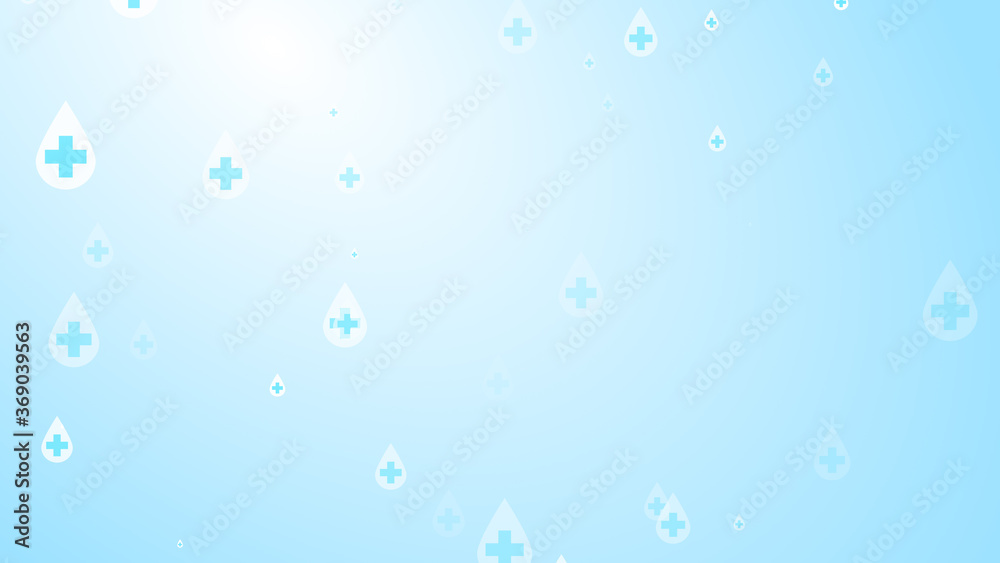 Medical health cross white on blue sanitizer drop pattern background. Abstract healthcare clean and Hygiene concept.