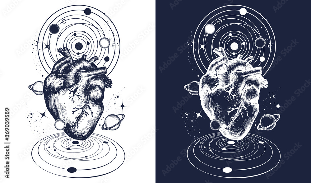 Magic heart in space tattoo. Symbol of love, philosophy, psychology,  imagination, dream and poetry t-shirt design. Black and white vector  graphics Stock Vector | Adobe Stock