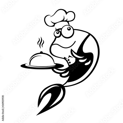 Fish cook. A character in an apron, a hat with a tray. Symbol or logo for a restaurant, store, or tavern.