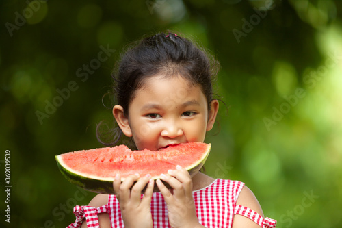 cute little girl eating watermelon on the grass in summertime  with happiness