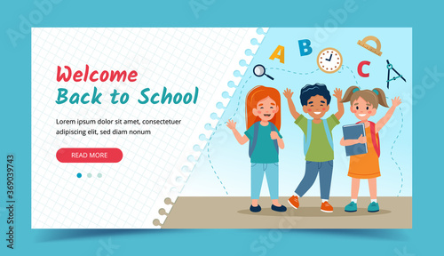 Happy kids, back to school concept. Banner or landing page template. Vector illustration in flat style