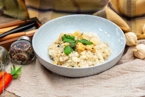risotto with fresh cream, salted chicken, rehydrated ceps and mushrooms